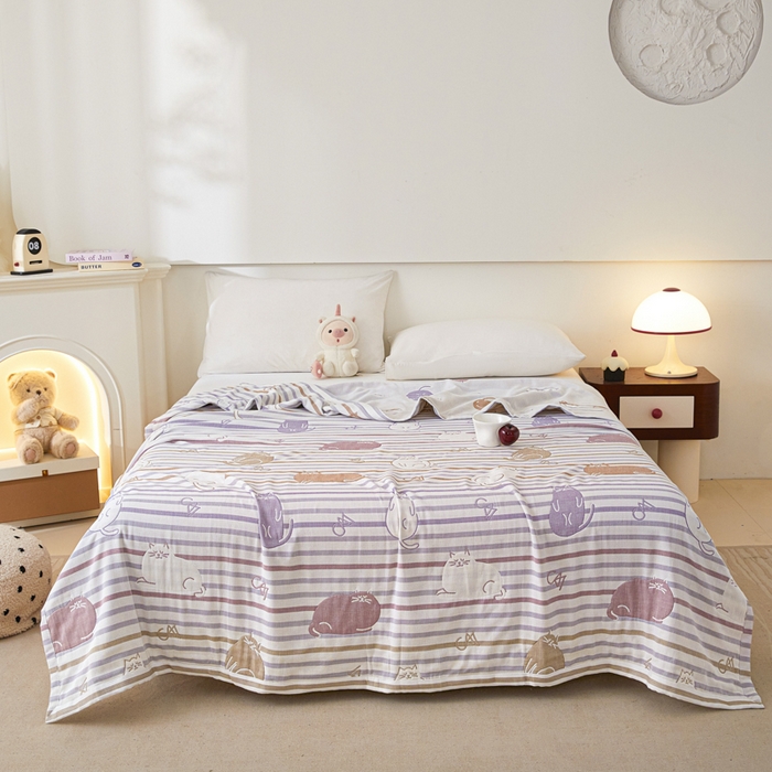 91家纺网 家纺一手货源 找家纺 悦然毛巾被 2025新款八层纱布盖毯毛巾被夏被夏凉被空调被 彩虹猫咖