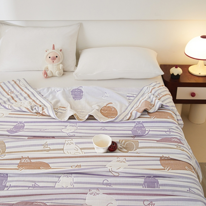 91家纺网 家纺一手货源 找家纺 悦然毛巾被 2025新款八层纱布盖毯毛巾被夏被夏凉被空调被 彩虹猫咖