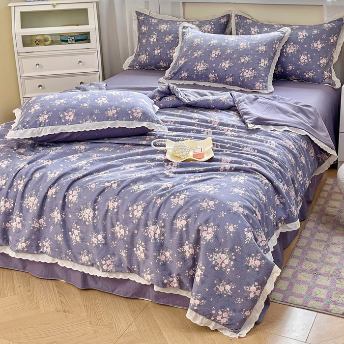 91家纺网 家纺一手货源 找家纺 斯卡诺家纺 2025新款纯棉花边双层纱四件套水洗棉四件套豆蔻