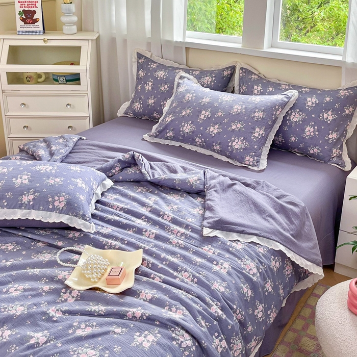 91家纺网 家纺一手货源 找家纺 斯卡诺家纺 2025新款纯棉花边双层纱四件套水洗棉四件套豆蔻