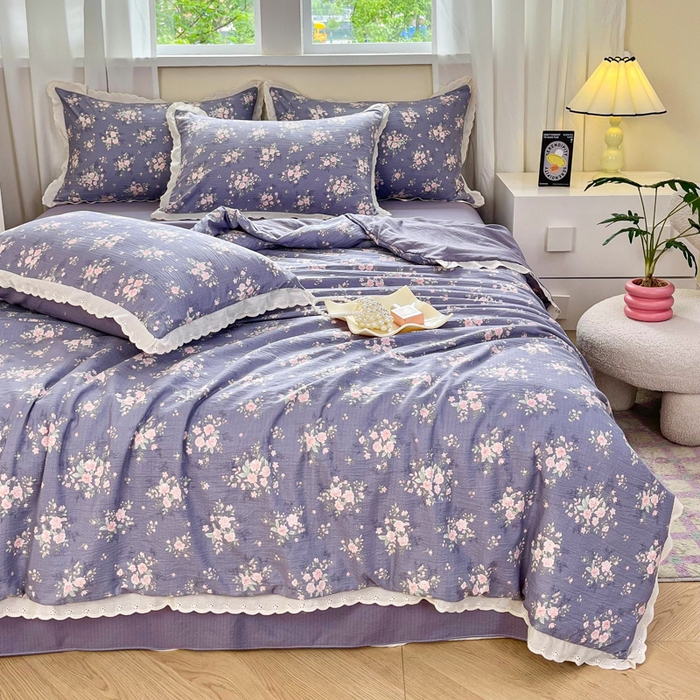 91家纺网 家纺一手货源 找家纺 斯卡诺家纺 2025新款纯棉花边双层纱四件套水洗棉四件套豆蔻