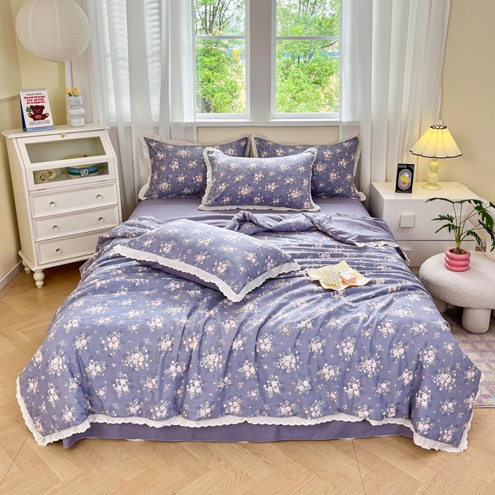 91家纺网 家纺一手货源 找家纺 斯卡诺家纺 2025新款纯棉花边双层纱四件套水洗棉四件套豆蔻