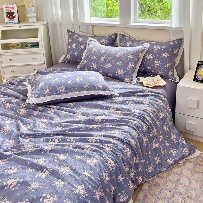 91家纺网 家纺一手货源 找家纺 斯卡诺家纺 2025新款纯棉花边双层纱四件套水洗棉四件套豆蔻