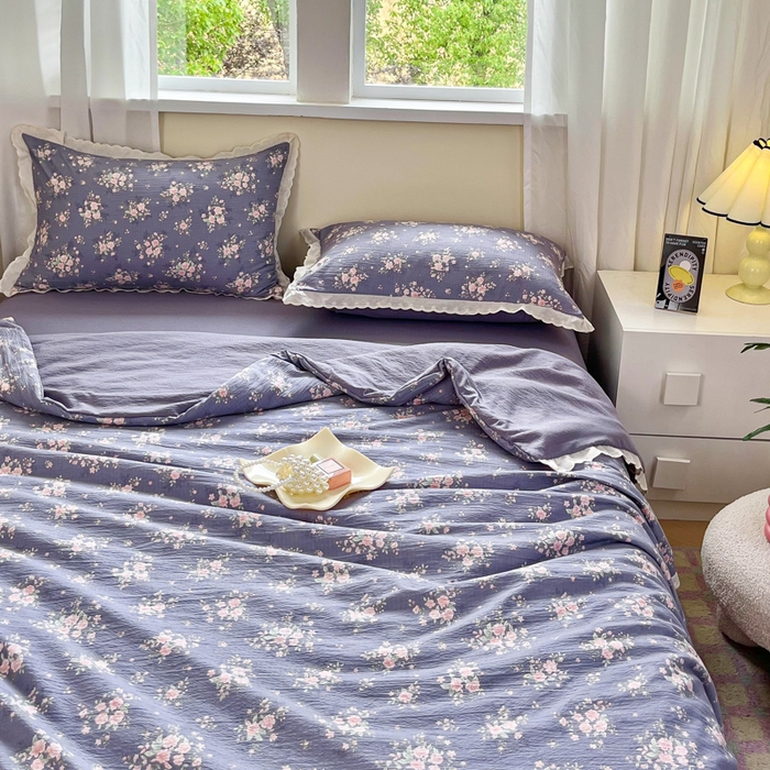 91家纺网 家纺一手货源 找家纺 斯卡诺家纺 2025新款纯棉花边双层纱四件套水洗棉四件套豆蔻