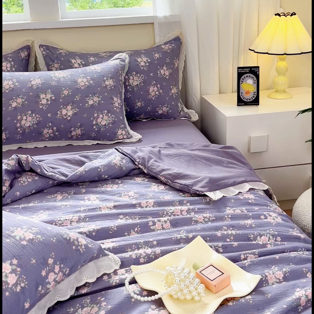 91家纺网 家纺一手货源 找家纺 斯卡诺家纺 2025新款纯棉花边双层纱四件套水洗棉四件套豆蔻