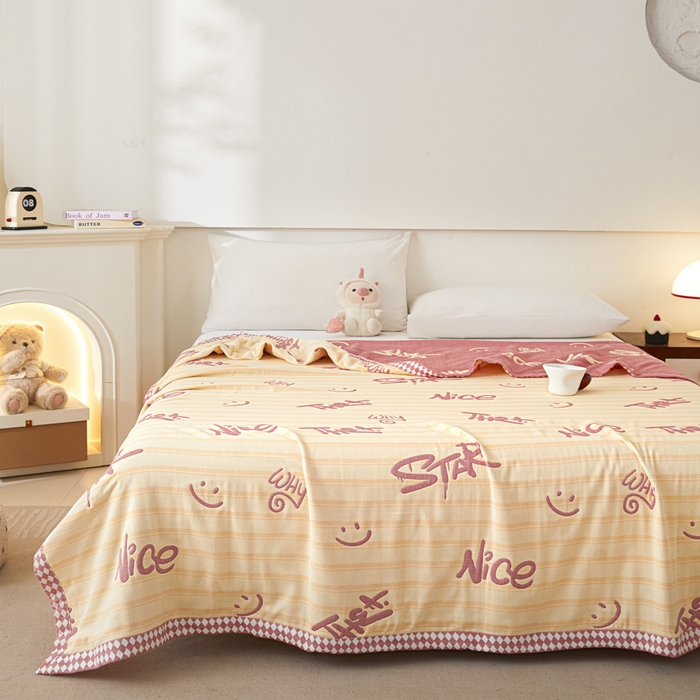 91家纺网 家纺一手货源 找家纺 悦然毛巾被 2025新款八层纱布盖毯毛巾被夏被夏凉被空调被 梦幻光影粉