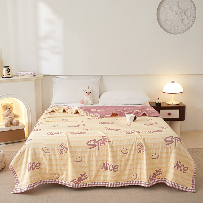 91家纺网 家纺一手货源 找家纺 悦然毛巾被 2025新款八层纱布盖毯毛巾被夏被夏凉被空调被 梦幻光影粉