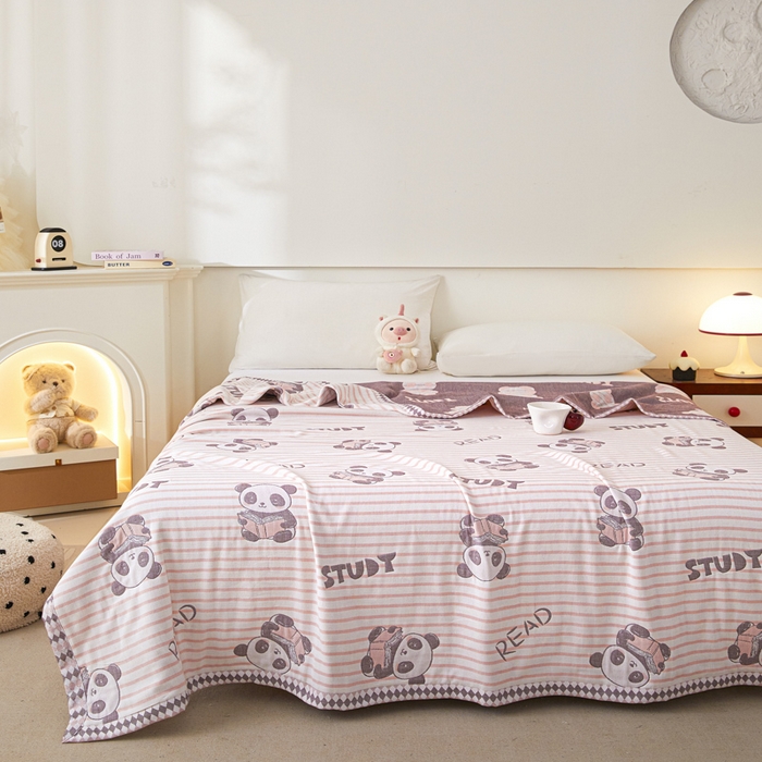 91家纺网 家纺一手货源 找家纺 悦然毛巾被 2025新款八层纱布盖毯毛巾被夏被夏凉被空调被 趣味彩条粉