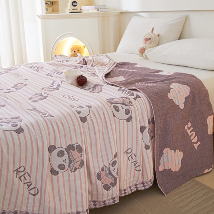 91家纺网 家纺一手货源 找家纺 悦然毛巾被 2025新款八层纱布盖毯毛巾被夏被夏凉被空调被 趣味彩条粉