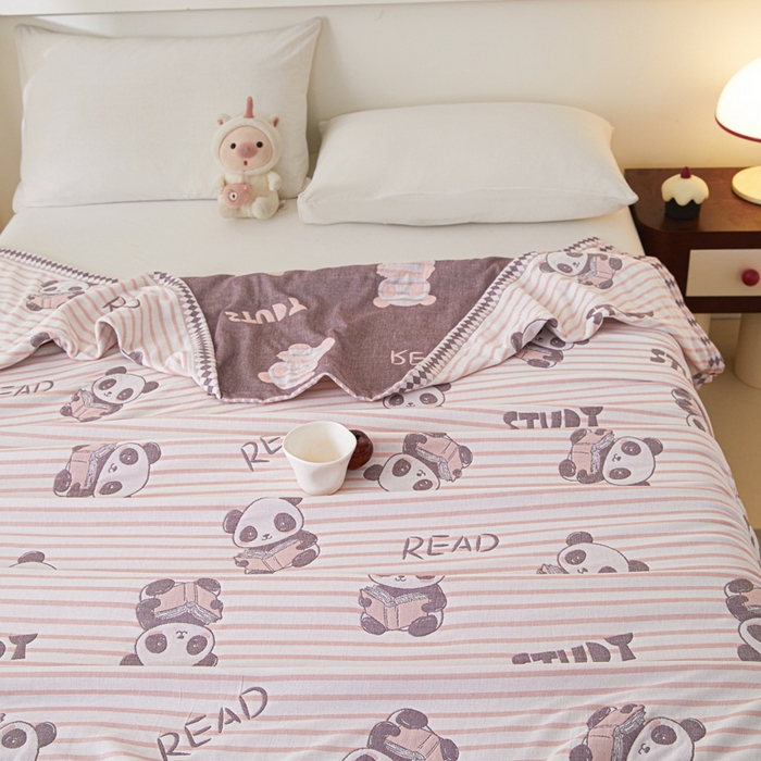 91家纺网 家纺一手货源 找家纺 悦然毛巾被 2025新款八层纱布盖毯毛巾被夏被夏凉被空调被 趣味彩条粉