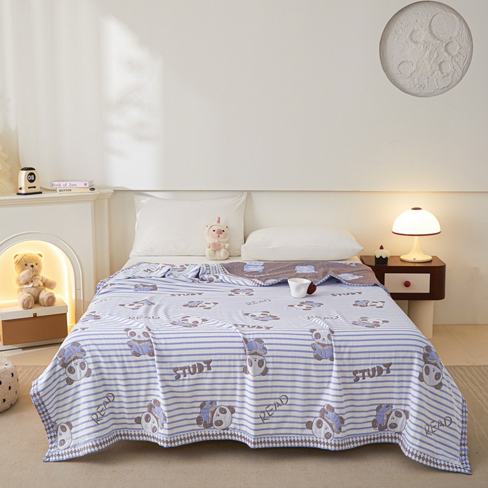 91家纺网 家纺一手货源 找家纺 悦然毛巾被 2025新款八层纱布盖毯毛巾被夏被夏凉被空调被 趣味彩条蓝