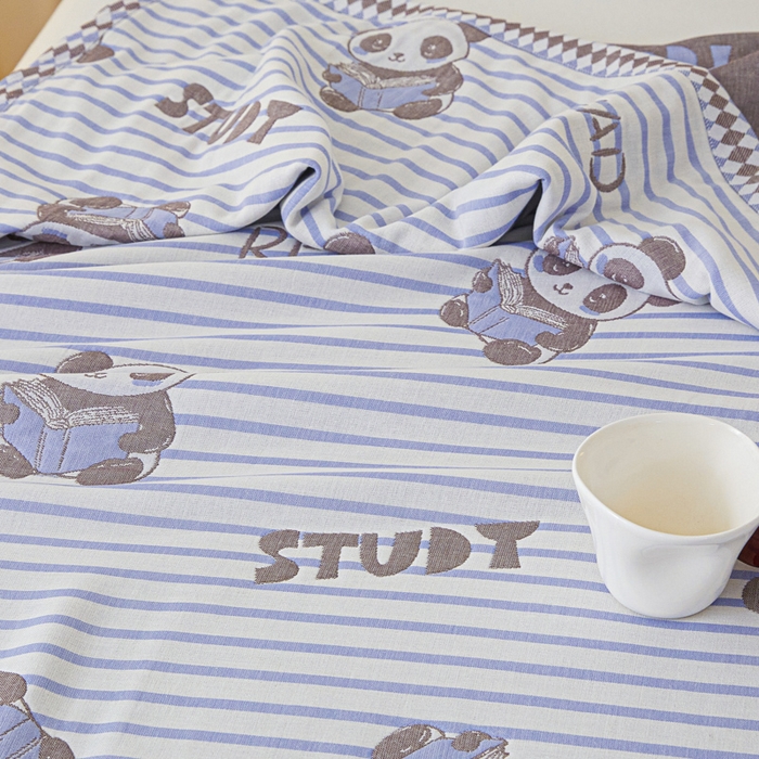 91家纺网 家纺一手货源 找家纺 悦然毛巾被 2025新款八层纱布盖毯毛巾被夏被夏凉被空调被 趣味彩条蓝