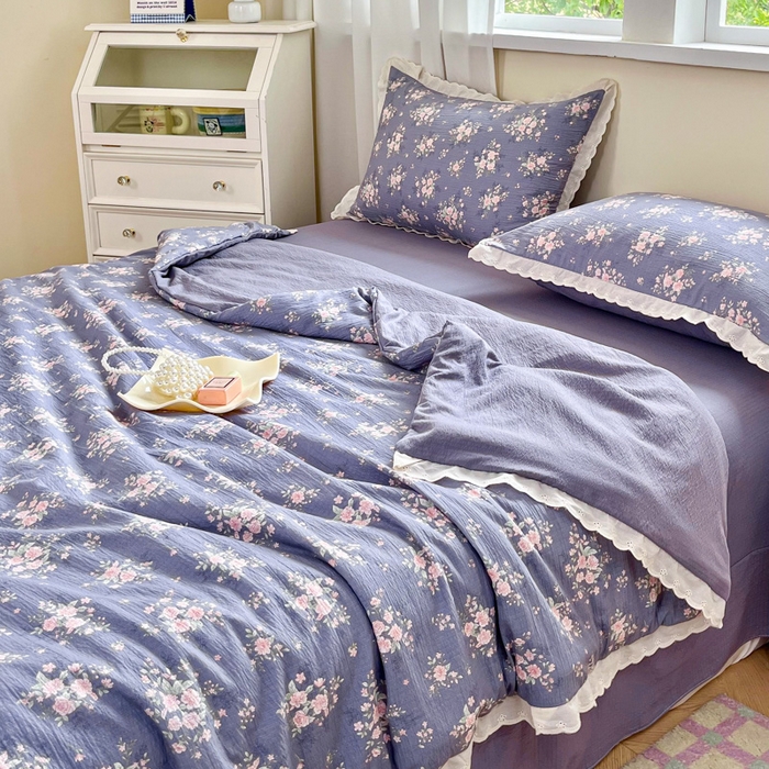 91家纺网 家纺一手货源 找家纺 （总）斯卡诺家纺 2025新款纯棉花边双层纱夏被四件套水洗棉夏被四件套