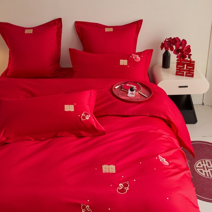 91家纺网 家纺一手货源 找家纺 东方合美（原：皇家传奇） 2025新款婚庆小红书化纤系列四件套(控价138/148） 福禄双喜