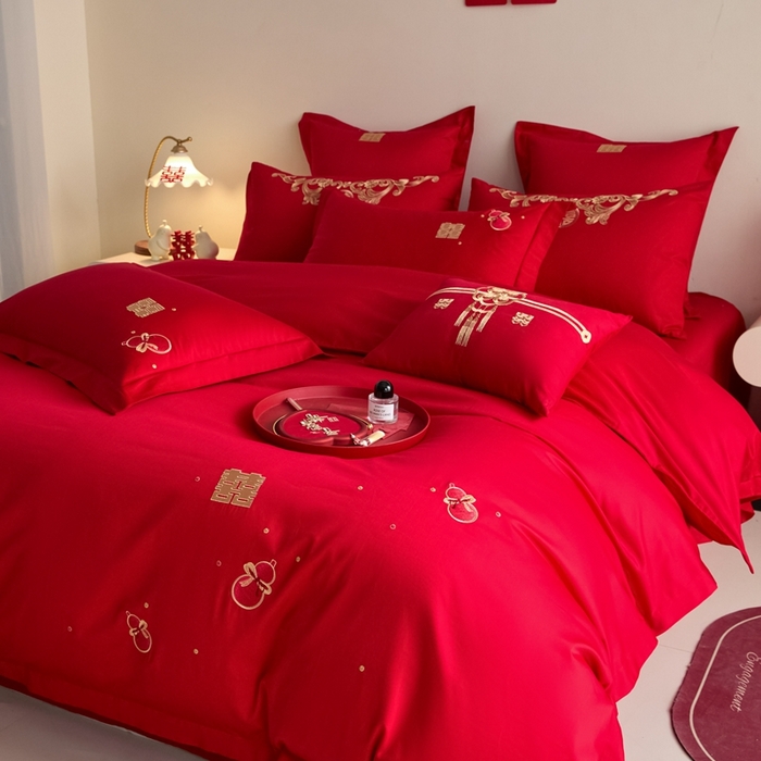 91家纺网 家纺一手货源 找家纺 东方合美（原：皇家传奇） 2025新款婚庆小红书化纤系列四件套(控价138/148） 福禄双喜