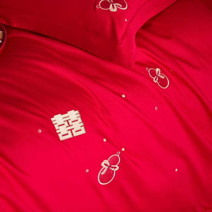 91家纺网 家纺一手货源 找家纺 东方合美（原：皇家传奇） 2025新款婚庆小红书化纤系列四件套(控价138/148） 福禄双喜