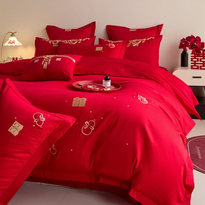91家纺网 家纺一手货源 找家纺 东方合美（原：皇家传奇） 2025新款婚庆小红书化纤系列四件套(控价138/148） 福禄双喜