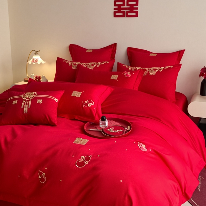 91家纺网 家纺一手货源 找家纺 东方合美（原：皇家传奇） 2025新款婚庆小红书化纤系列四件套(控价138/148） 福禄双喜