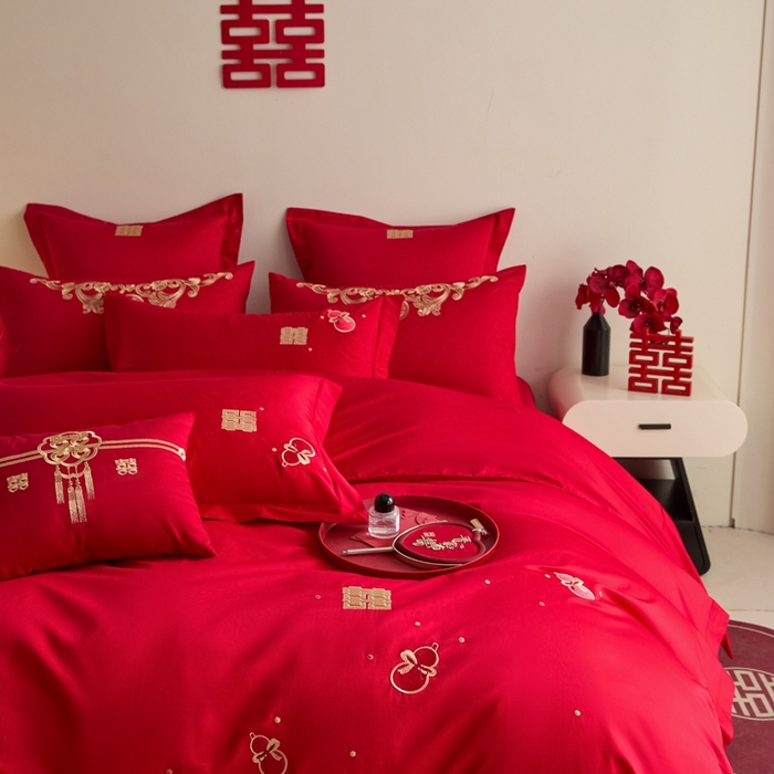 91家纺网 家纺一手货源 找家纺 东方合美（原：皇家传奇） 2025新款婚庆小红书化纤系列四件套(控价138/148） 福禄双喜