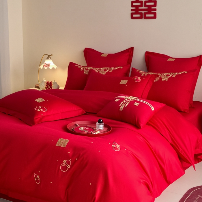 91家纺网 家纺一手货源 找家纺 东方合美（原：皇家传奇） 2025新款婚庆小红书化纤系列四件套(控价138/148） 福禄双喜