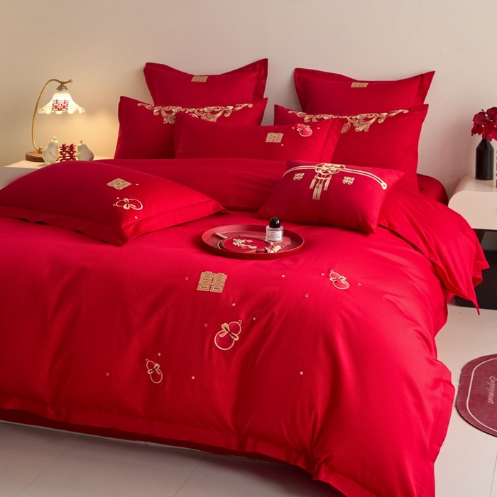 91家纺网 家纺一手货源 找家纺 东方合美（原：皇家传奇） 2025新款婚庆小红书化纤系列四件套(控价138/148） 福禄双喜