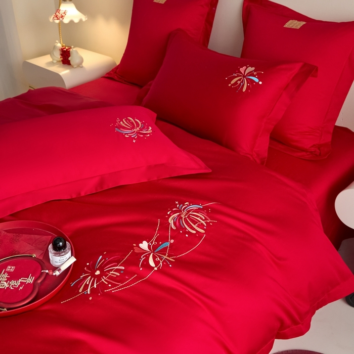 91家纺网 家纺一手货源 找家纺 东方合美（原：皇家传奇） 2025新款婚庆小红书化纤系列四件套(控价138/148） 美丽烟花