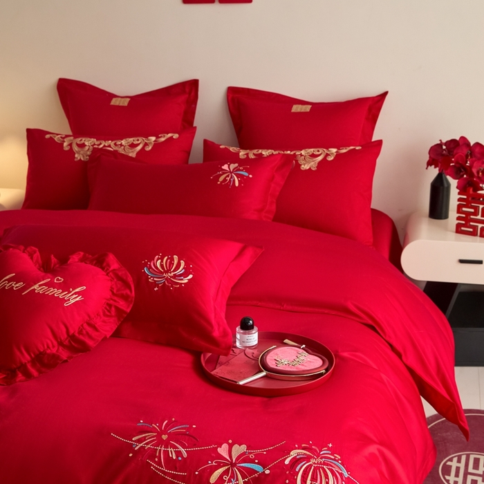 91家纺网 家纺一手货源 找家纺 东方合美（原：皇家传奇） 2025新款婚庆小红书化纤系列四件套(控价138/148） 美丽烟花