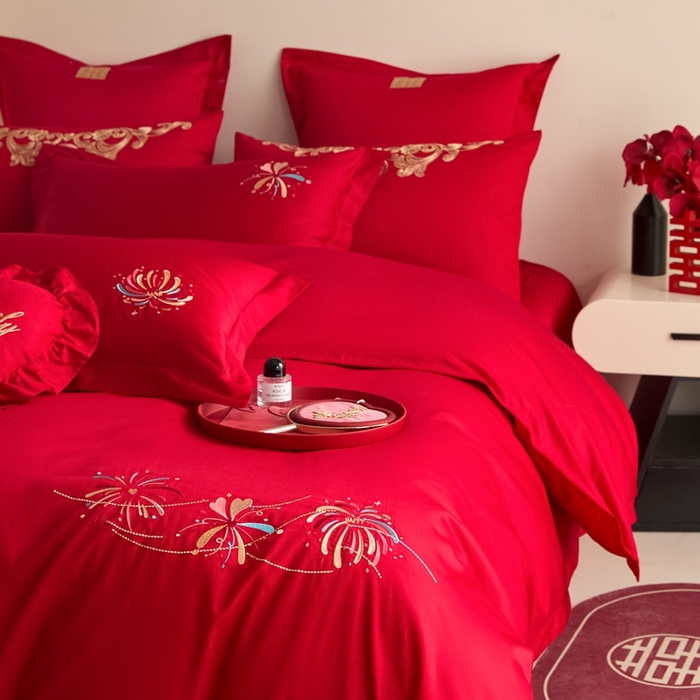 91家纺网 家纺一手货源 找家纺 东方合美（原：皇家传奇） 2025新款婚庆小红书化纤系列四件套(控价138/148） 美丽烟花