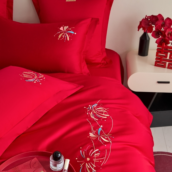 91家纺网 家纺一手货源 找家纺 东方合美（原：皇家传奇） 2025新款婚庆小红书化纤系列四件套(控价138/148） 美丽烟花