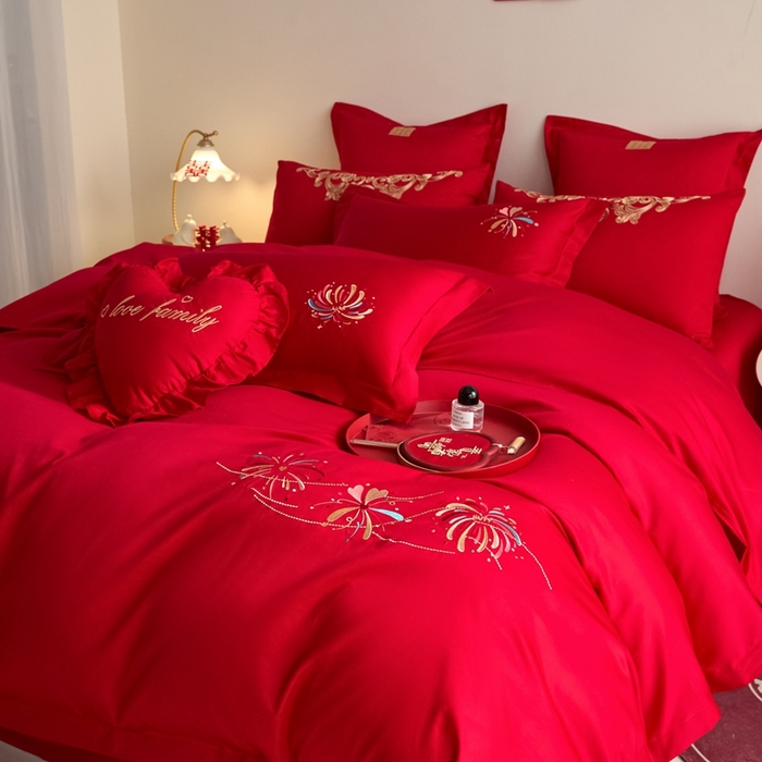 91家纺网 家纺一手货源 找家纺 东方合美（原：皇家传奇） 2025新款婚庆小红书化纤系列四件套(控价138/148） 美丽烟花