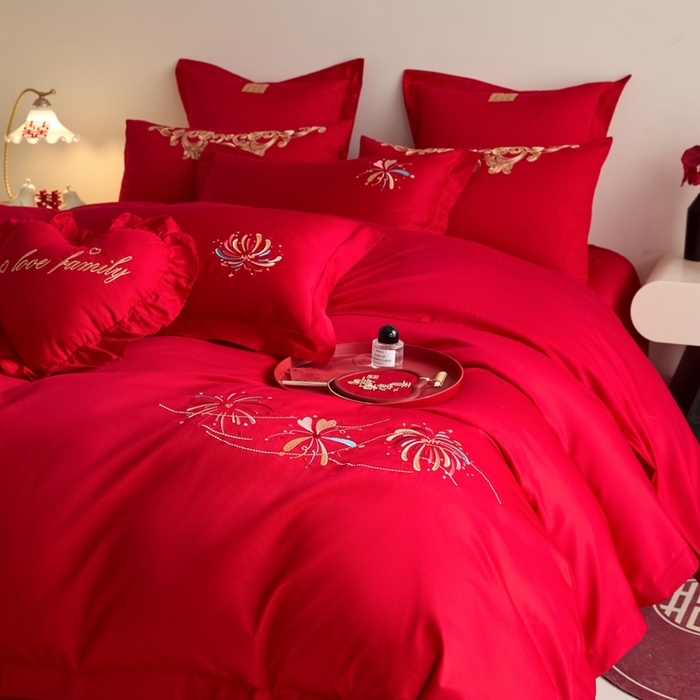 91家纺网 家纺一手货源 找家纺 东方合美（原：皇家传奇） 2025新款婚庆小红书化纤系列四件套(控价138/148） 美丽烟花