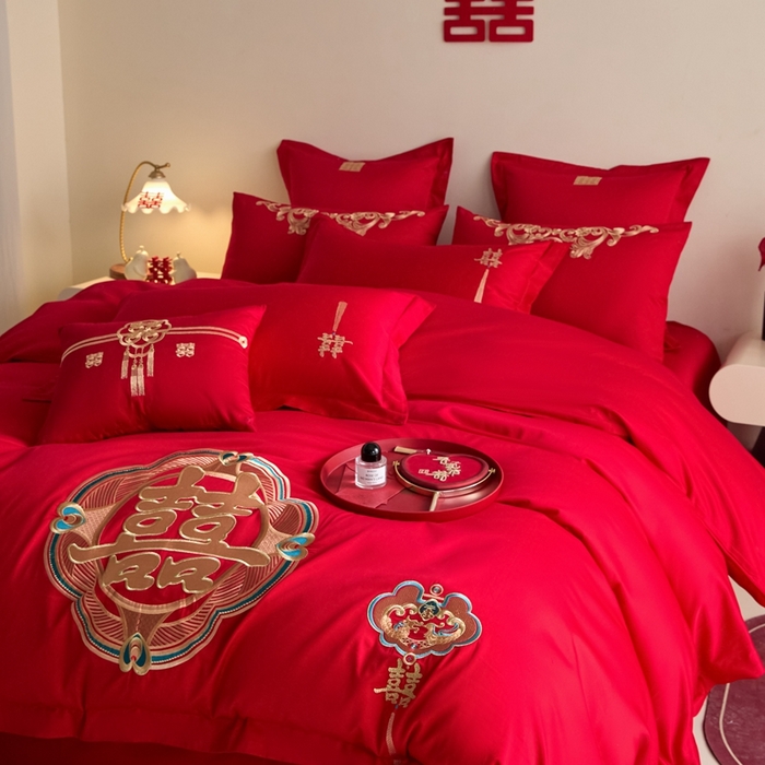 91家纺网 家纺一手货源 找家纺 东方合美（原：皇家传奇） 2025新款婚庆小红书化纤系列四件套(控价138/148） 如意双喜