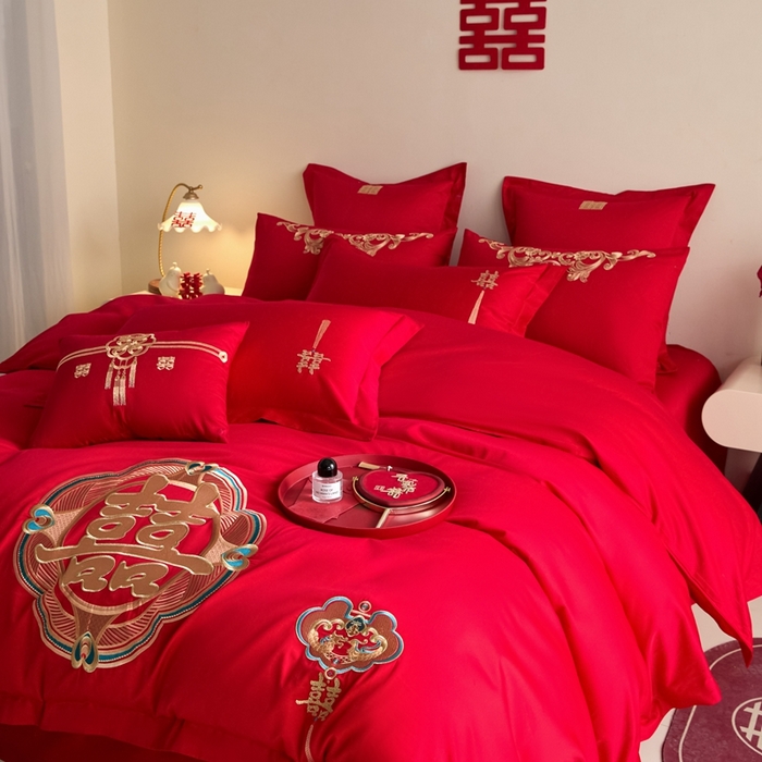 91家纺网 家纺一手货源 找家纺 东方合美（原：皇家传奇） 2025新款婚庆小红书化纤系列四件套(控价138/148） 如意双喜