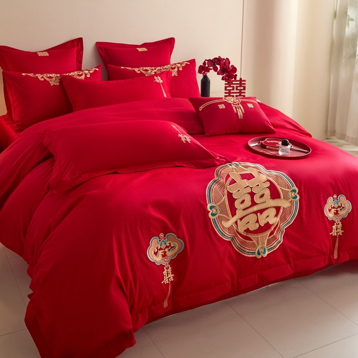 91家纺网 家纺一手货源 找家纺 东方合美（原：皇家传奇） 2025新款婚庆小红书化纤系列四件套(控价138/148） 如意双喜