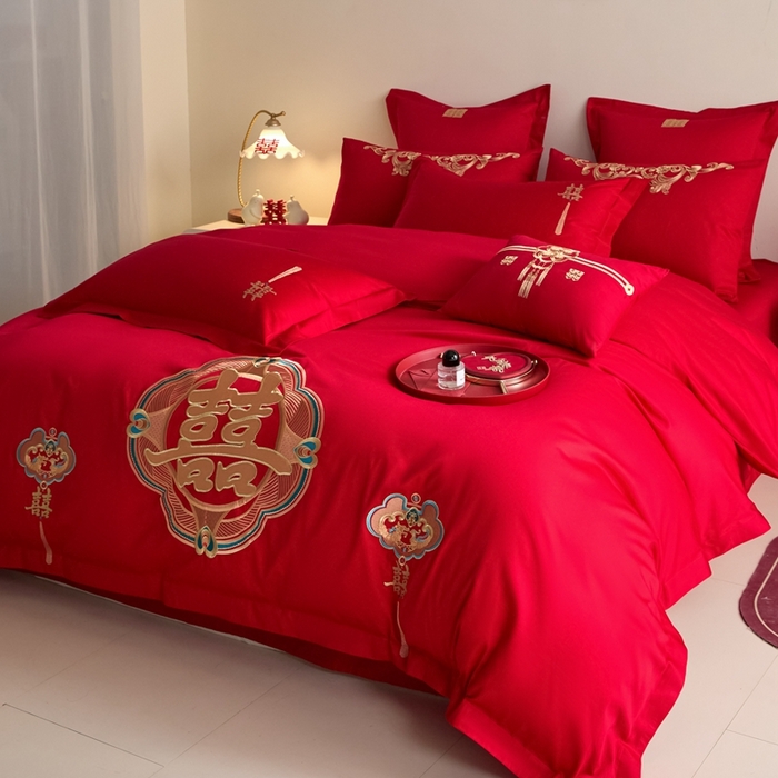 91家纺网 家纺一手货源 找家纺 东方合美（原：皇家传奇） 2025新款婚庆小红书化纤系列四件套(控价138/148） 如意双喜