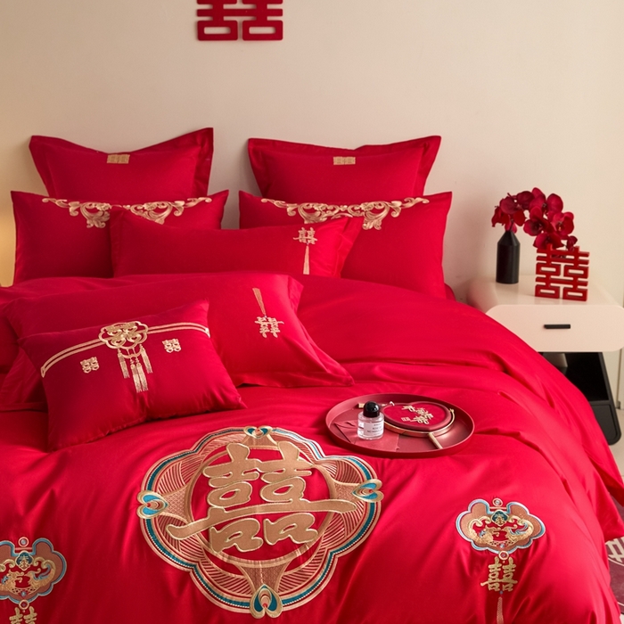 91家纺网 家纺一手货源 找家纺 东方合美（原：皇家传奇） 2025新款婚庆小红书化纤系列四件套(控价138/148） 如意双喜