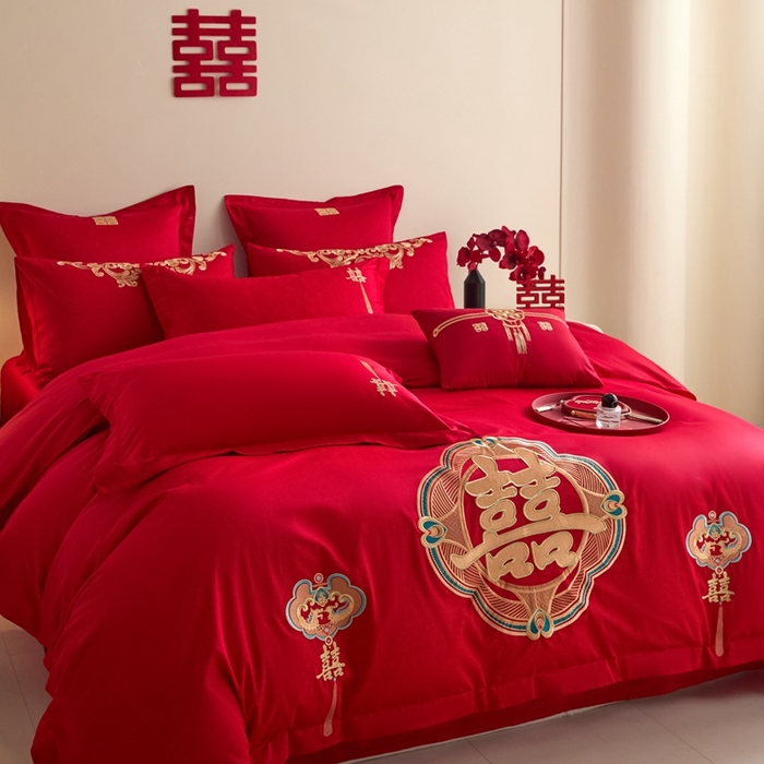 91家纺网 家纺一手货源 找家纺 东方合美（原：皇家传奇） 2025新款婚庆小红书化纤系列四件套(控价138/148） 如意双喜