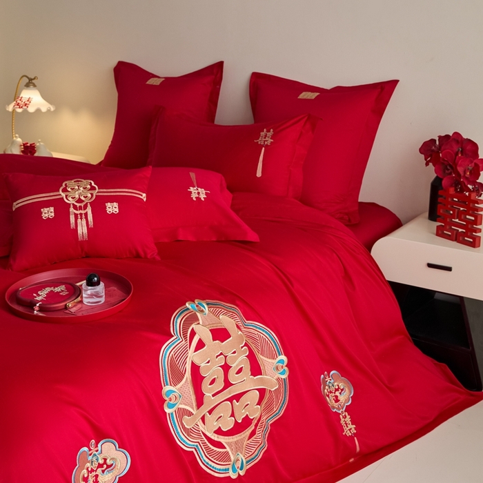 91家纺网 家纺一手货源 找家纺 东方合美（原：皇家传奇） 2025新款婚庆小红书化纤系列四件套(控价138/148） 如意双喜