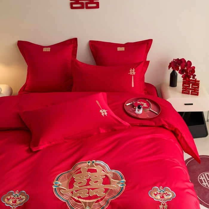 91家纺网 家纺一手货源 找家纺 东方合美（原：皇家传奇） 2025新款婚庆小红书化纤系列四件套(控价138/148） 如意双喜