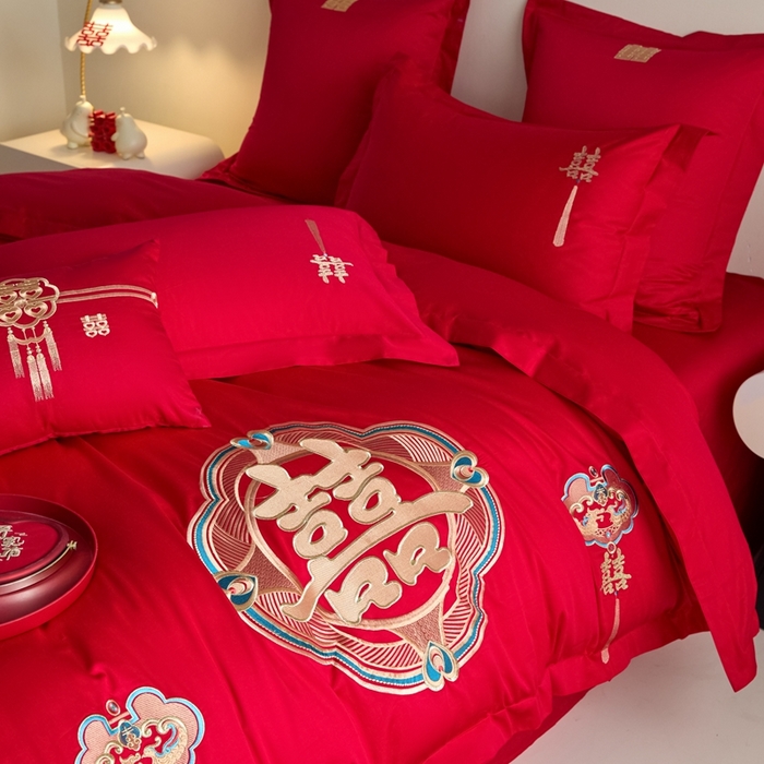 91家纺网 家纺一手货源 找家纺 东方合美（原：皇家传奇） 2025新款婚庆小红书化纤系列四件套(控价138/148） 如意双喜