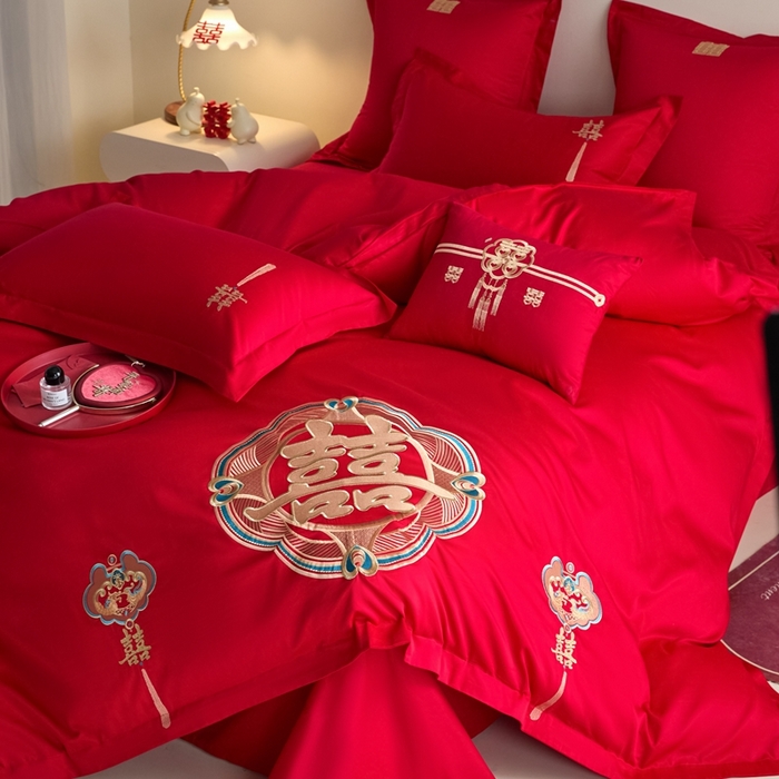 91家纺网 家纺一手货源 找家纺 东方合美（原：皇家传奇） 2025新款婚庆小红书化纤系列四件套(控价138/148） 如意双喜