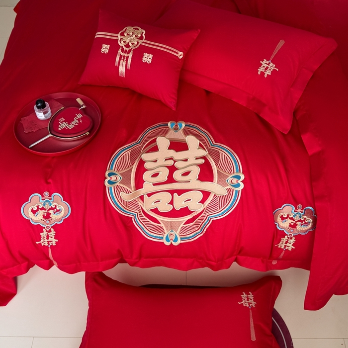 91家纺网 家纺一手货源 找家纺 东方合美（原：皇家传奇） 2025新款婚庆小红书化纤系列四件套(控价138/148） 如意双喜