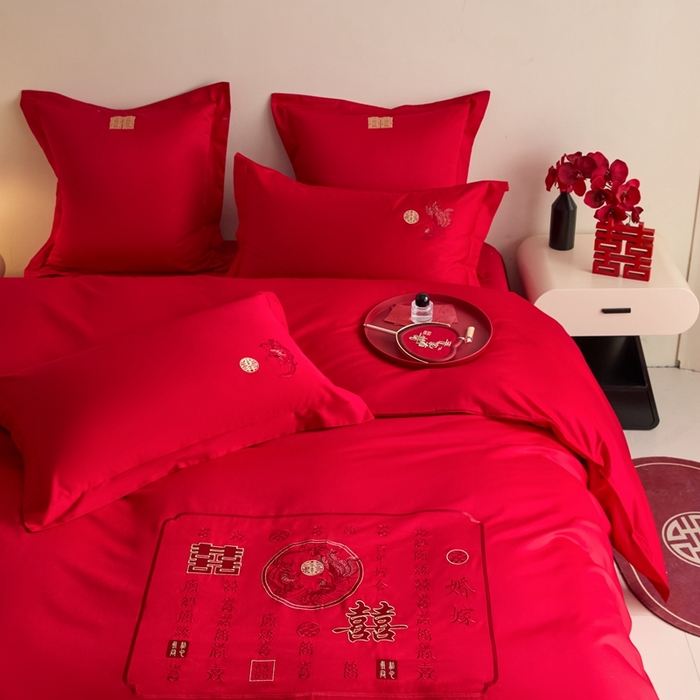 91家纺网 家纺一手货源 找家纺 东方合美（原：皇家传奇） 2025新款婚庆小红书化纤系列四件套(控价138/148） 喜嫁