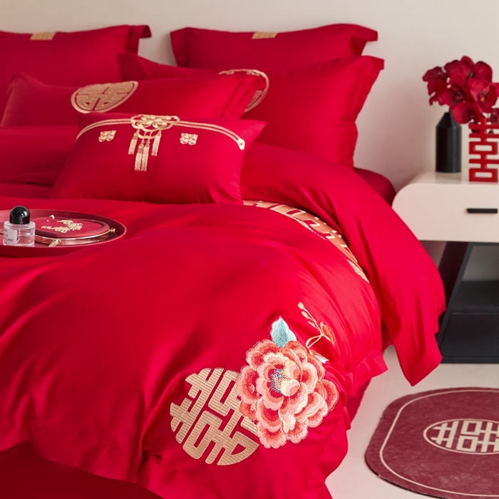 91家纺网 家纺一手货源 找家纺 东方合美（原：皇家传奇） 2025新款婚庆小红书化纤系列四件套(控价138/148） 喜临门