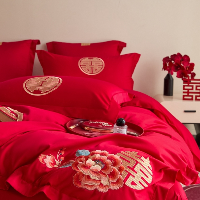 91家纺网 家纺一手货源 找家纺 东方合美（原：皇家传奇） 2025新款婚庆小红书化纤系列四件套(控价138/148） 喜临门