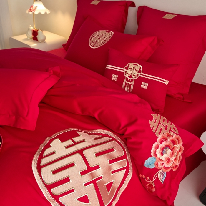 91家纺网 家纺一手货源 找家纺 东方合美（原：皇家传奇） 2025新款婚庆小红书化纤系列四件套(控价138/148） 喜临门