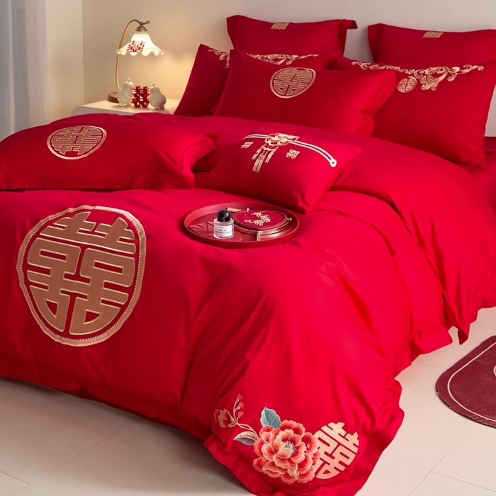 91家纺网 家纺一手货源 找家纺 东方合美（原：皇家传奇） 2025新款婚庆小红书化纤系列四件套(控价138/148） 喜临门