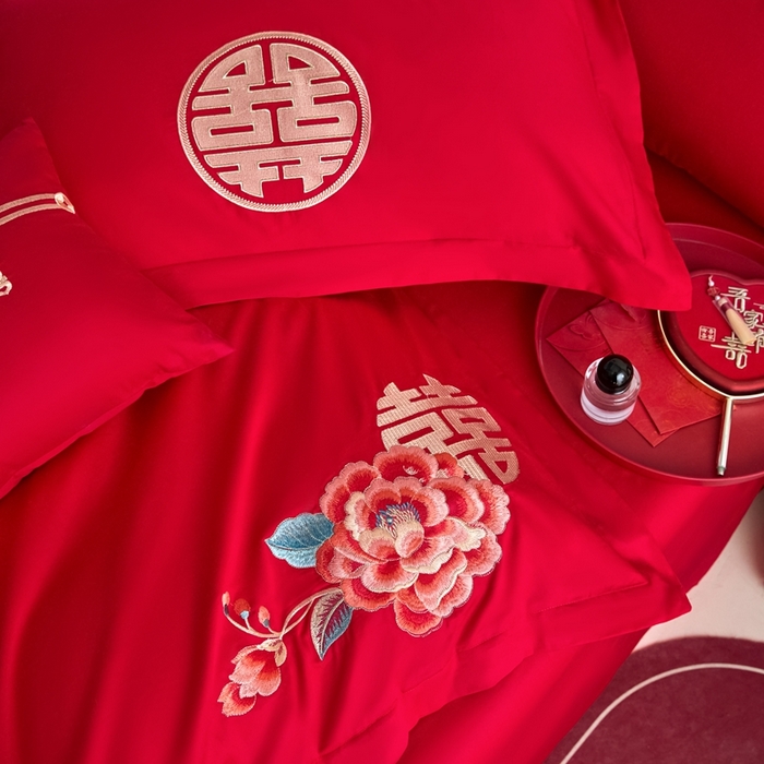 91家纺网 家纺一手货源 找家纺 东方合美（原：皇家传奇） 2025新款婚庆小红书化纤系列四件套(控价138/148） 喜临门