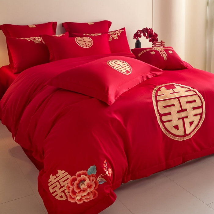 91家纺网 家纺一手货源 找家纺 东方合美（原：皇家传奇） 2025新款婚庆小红书化纤系列四件套(控价138/148） 喜临门