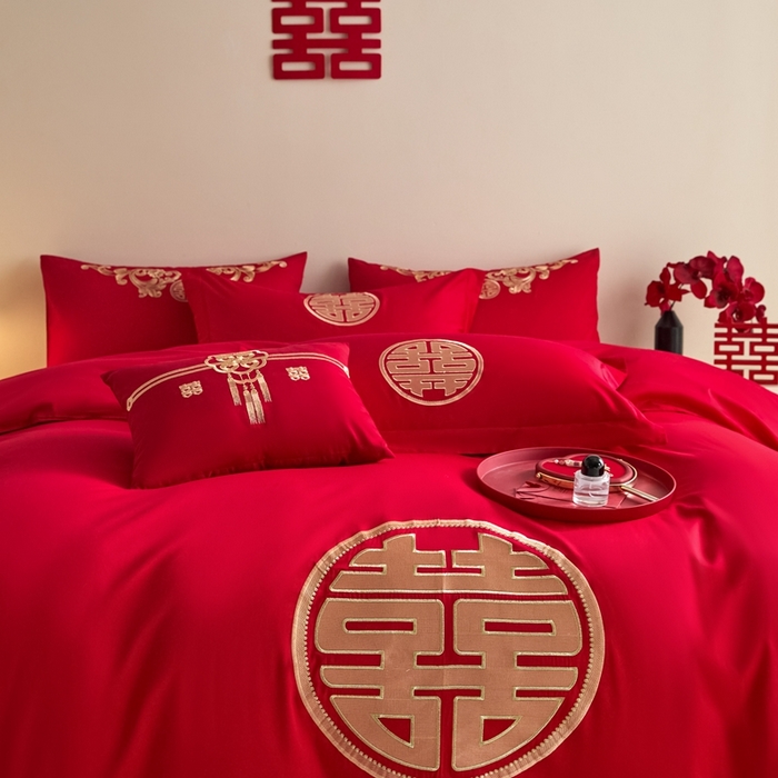 91家纺网 家纺一手货源 找家纺 东方合美（原：皇家传奇） 2025新款婚庆小红书化纤系列四件套(控价138/148） 喜临门